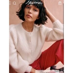 Sezane La Maille Solena Cream Waffle Knit Kid Mohair Wool Puff Sleeve Cardigan M